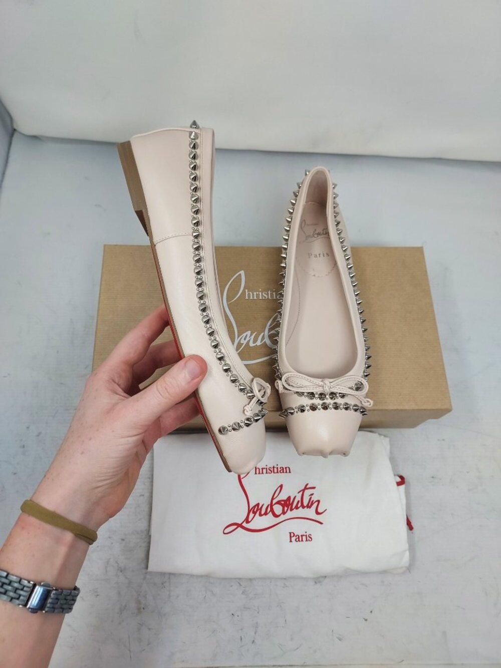 CHRISTIAN LOUBOUTIN Leche Pink Mamadrague Square Stud Spike Flat Shoe